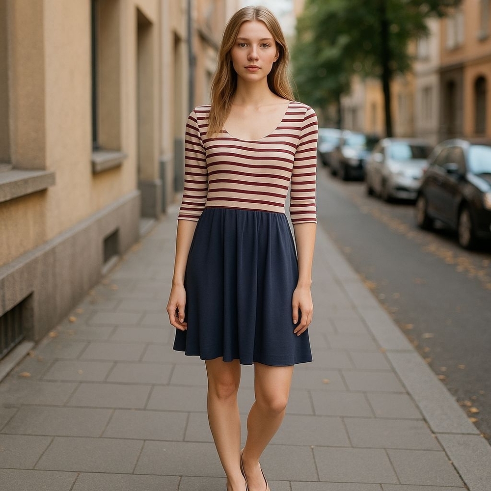 Vintage Striped Maroon and Navy Dress